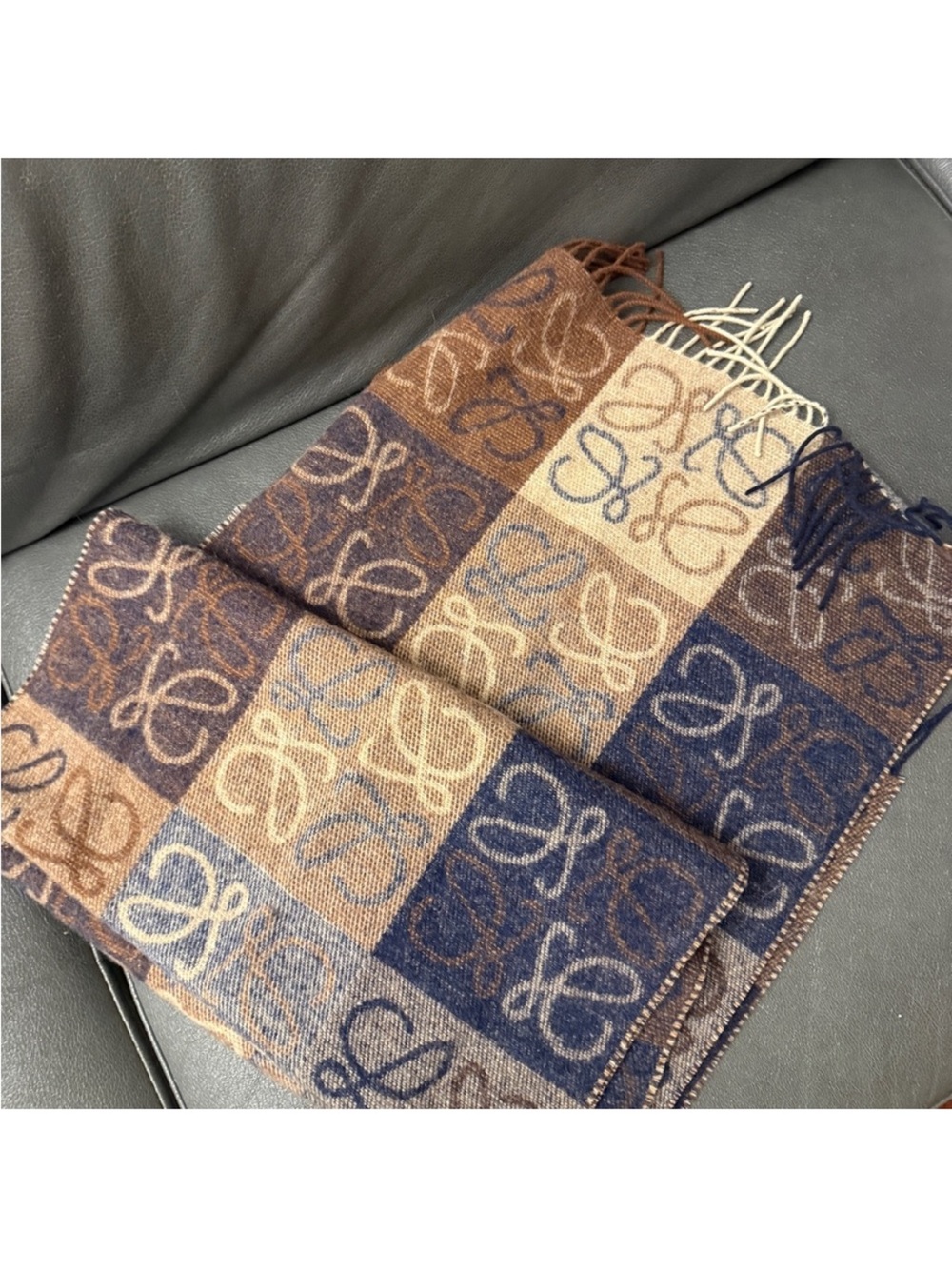 Brown & Navy Patterned Wool Scarf